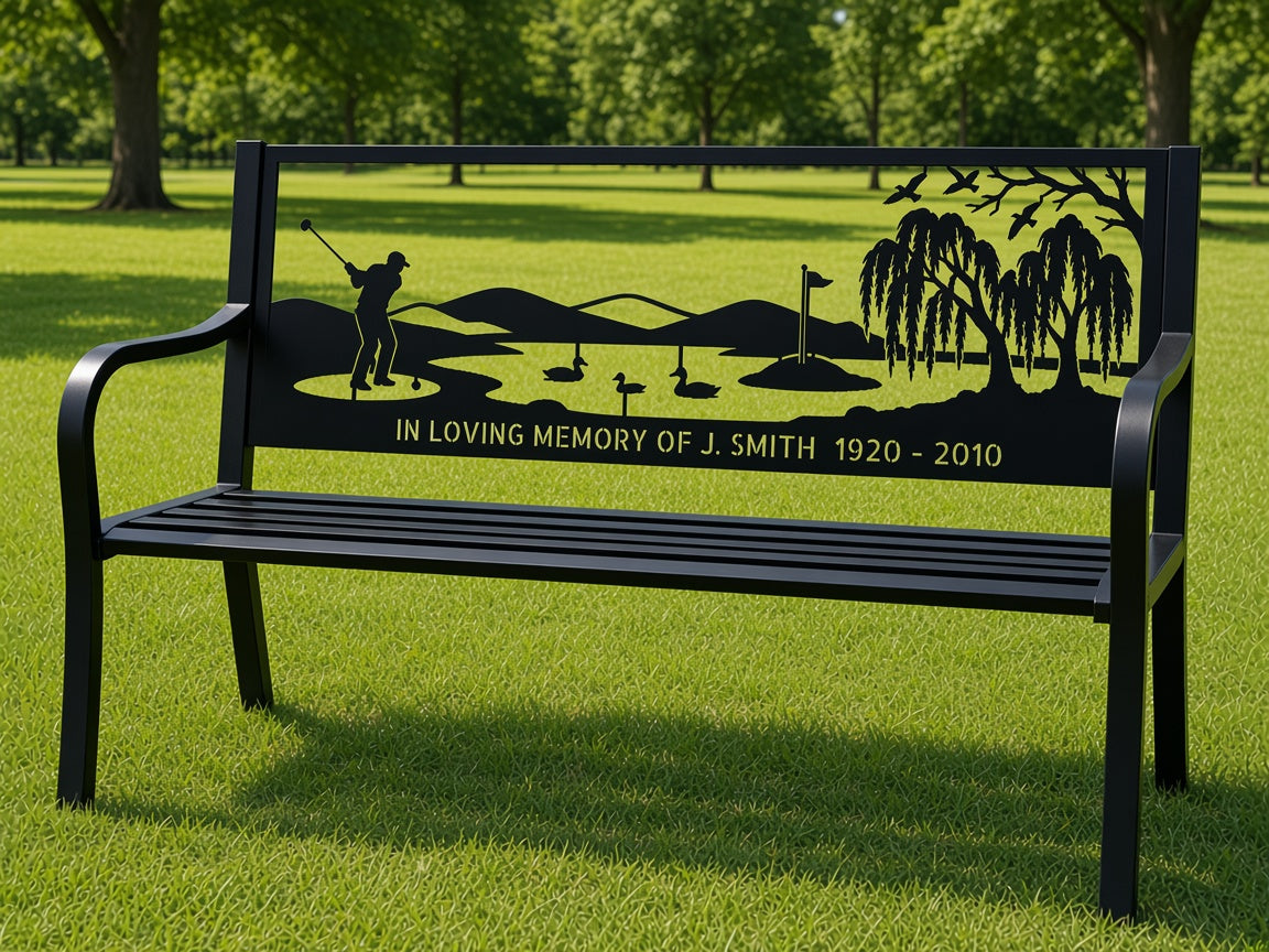 Golfer by the Lake Memorial Bench (Personalised) – illustrative mockup