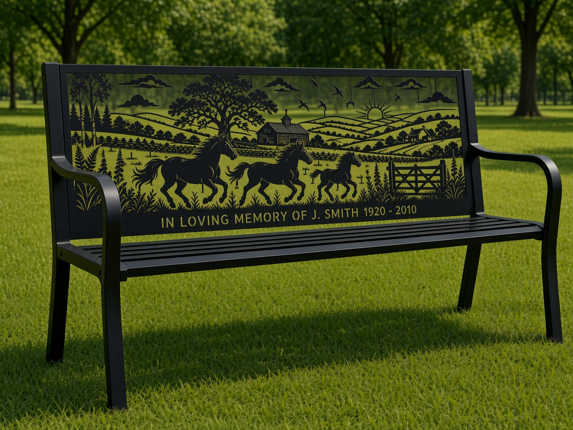 Horses in the Field Memorial Bench (Personalised) – illustrative mockup