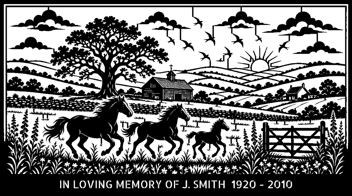 Horses in the Field Memorial Bench (Personalised) – laser-cut back panel design