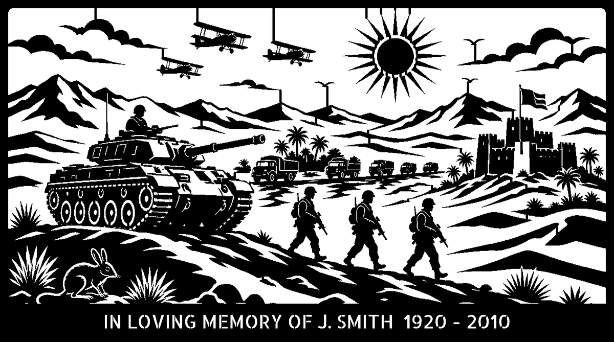 Desert Rats Tank Memorial Bench (Personalised) – laser-cut back panel design