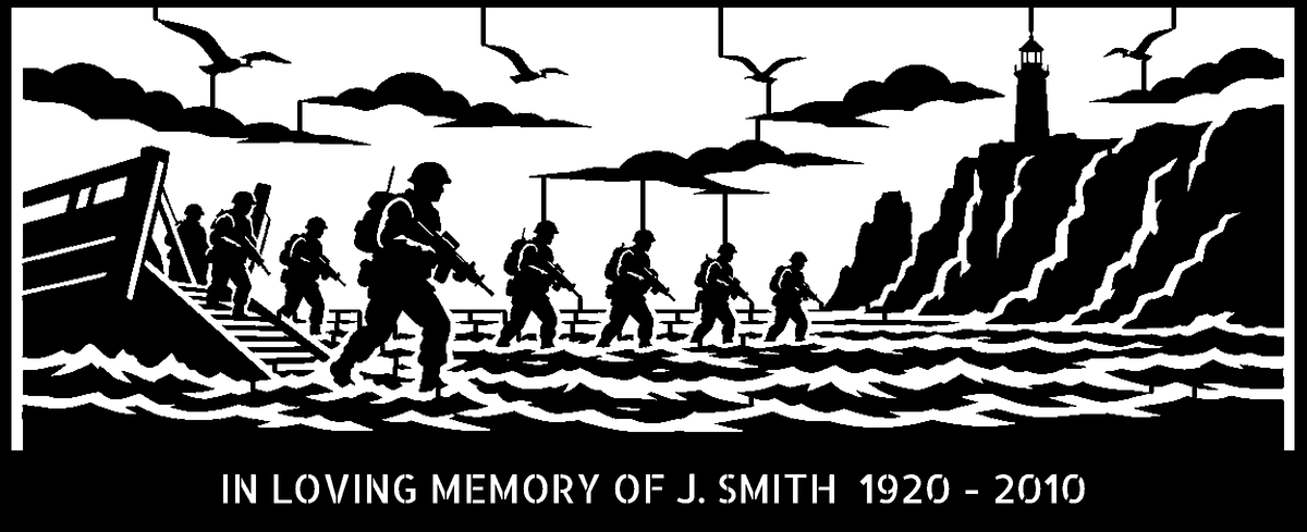 Commando Beach Landing Memorial Bench (Personalised) – laser-cut back panel design